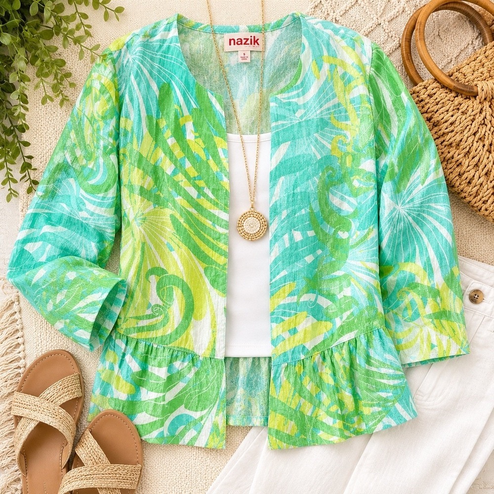 Ruby Rd Womens 16 Green Aqua Tropical Peplum Jacket Ruffle Hem Coastal Resort